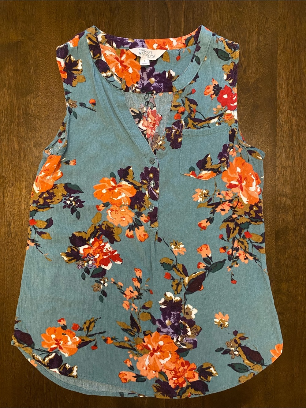Market & Spruce Teal Floral V-Neck Sleeveless Tank with Pocket